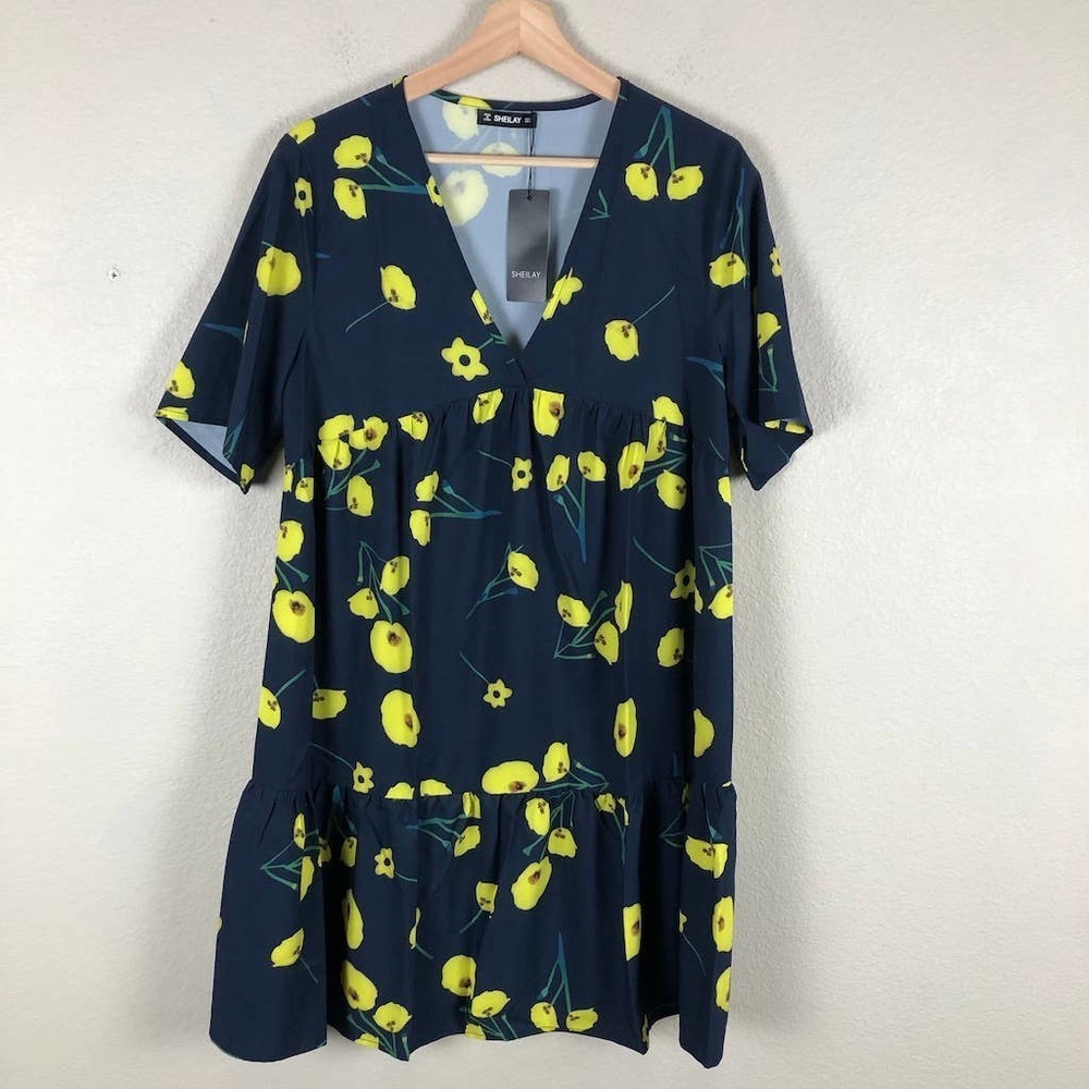 𝅺sheilay‎ Dress Womens Large Blue Yellow Floral V Neck Pleated Pullover New